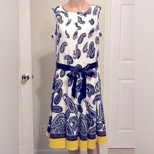 Navy and white with yellow trim Paisley Sleeveless dress with belt.